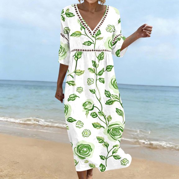Karymi Floral Print V Neck Midi Dress, Hollow Out Cutout Trim 3/4 Sleeve Empire Waist Loose Flowy Casual Summer Vacation Sundress Summer Dresses for Women