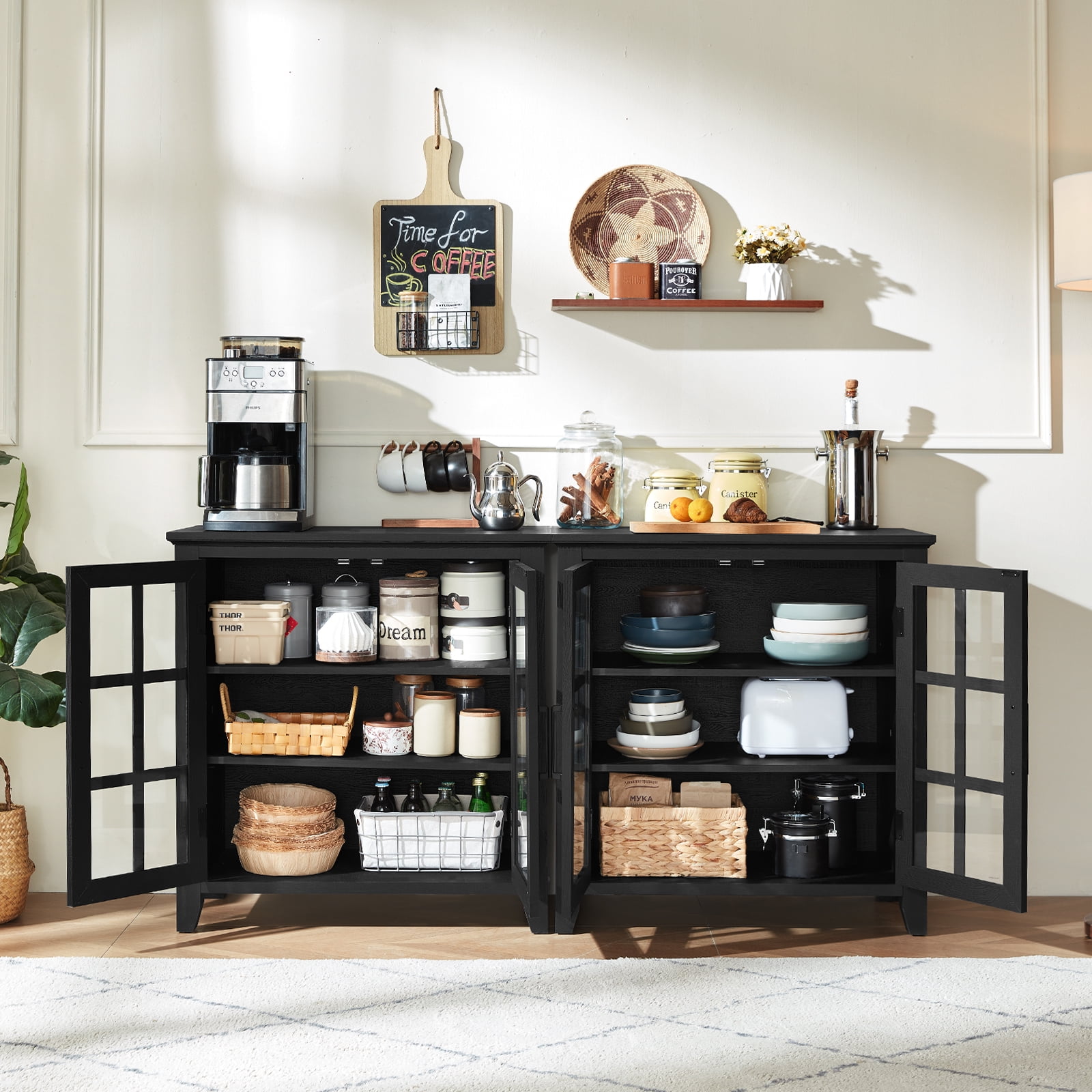 Joaxswe Buffet Storage Cabinet with Tempered Glass Doors, 31.5" Kitchen Cabinet with Adjustable Shelves, Black