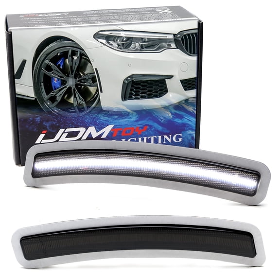 Smoked Lens White Full Strip LED Front Bumper Reflector Replace Side Marker Light Kit For BMW 2019-2022 G20 3 Series 320i 330i 340i, Replace OEM Amber Reflex