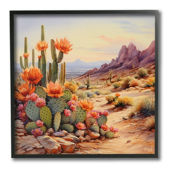 Stupell Industries Cactus Flower Landscape Landscape Painting Black Framed Art Print Wall Art, 12 x 12