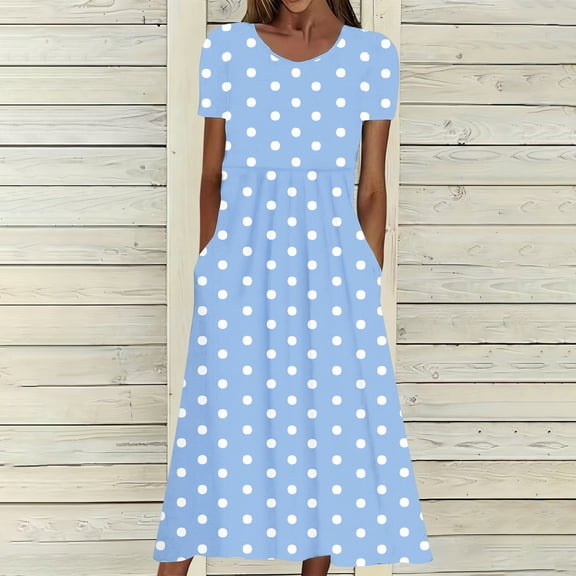 Elvqul Tunic Dresses for Women Light Blue Short Sleeve Long Dresses Loose Stretchy Crew Neck Summer Womens Tank Dresses Pullover