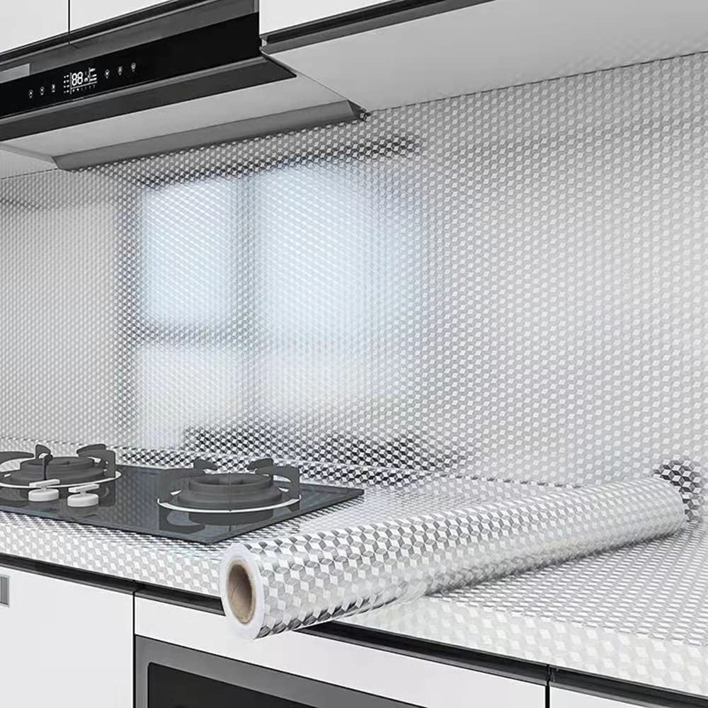 Peel and Stick Wallpaper, Waterproof Contact Paper for Kitchen Countertops Cabinets, Self-Adhesive Removable Aluminum Foil Sticker, Oil Proof Heat Resistant, Easy Clean (24"x197", Silver Chequer)
