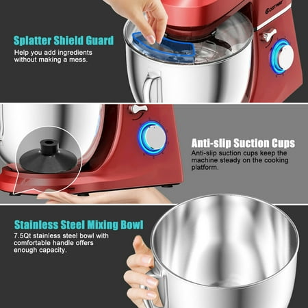 Costway - Tilt-Head Stand Mixer 7.5 Qt 6 Speed 660W with Dough Hook, Whisk & Beater - Red