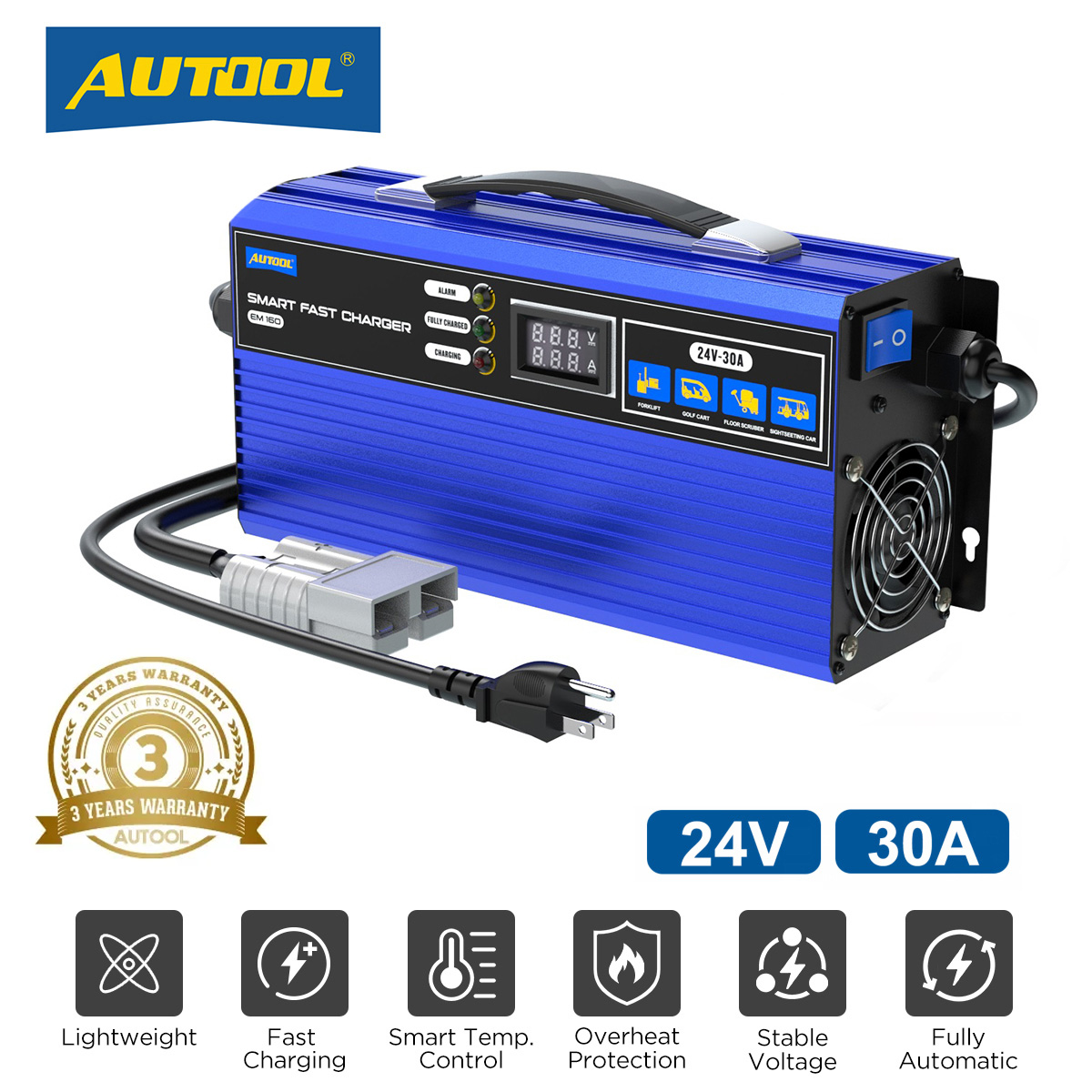 AUTOOL EM160 Battery Charger Automatic Smart Charger, 24V 30A Smart Fast Charger for Golf Cart Forklift 200AH-300AH 8S Car Battery Charger