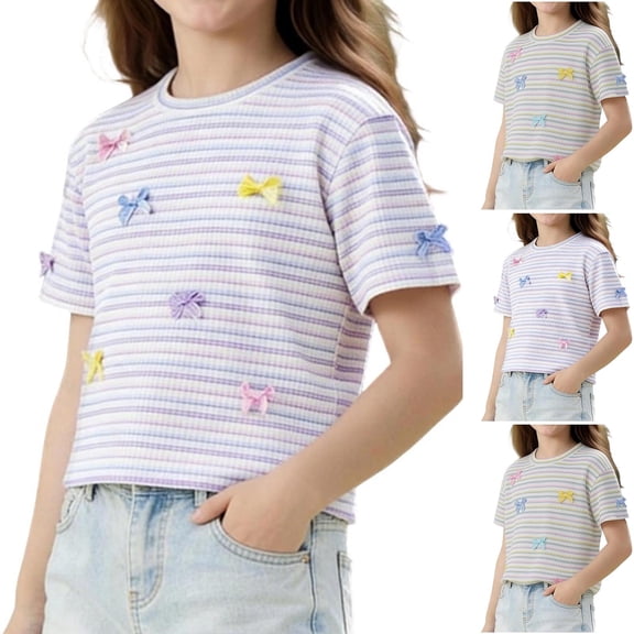 WAVSUF Girls Cotton T-Shirt Strip Print Crew Neck Trendy Bowknot Casual Summer Cute Tee Purple Size 7-8
