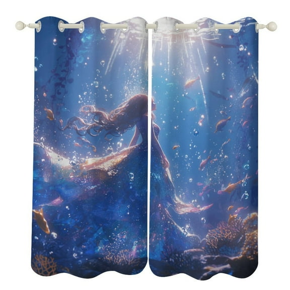 Mermaid Glitter Fish Scale Girls Curtains Watercolor Theme Window Curtains Grommet Blackout Drapes for Living Room Bedroom