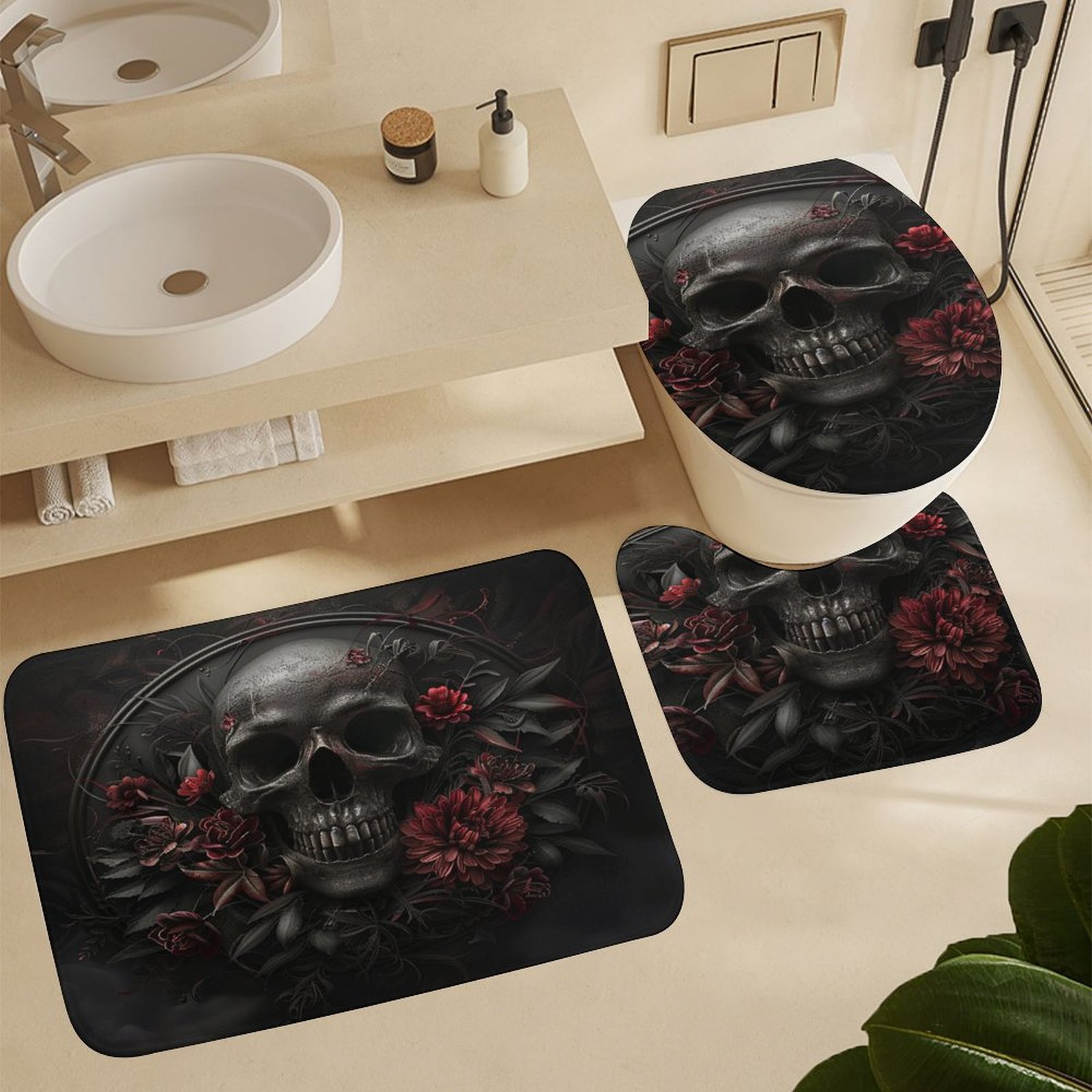 Dark Skull Flower 4 Pcs Bathroom Shower Curtain Set, Bathroom Sets with Rugs (Bath Mat, U Shape and Toilet Lid Cover Mat) and 12 Hooks,