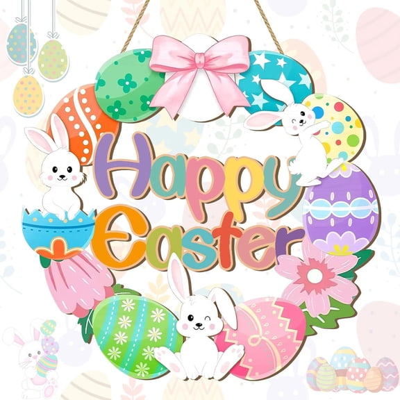 Happy Easter Wooden Door Sign, Bunny Egg Wreath Hanging Decor, Spring Door Hanger for Indoor Outdoor Home Wall Window Decoration