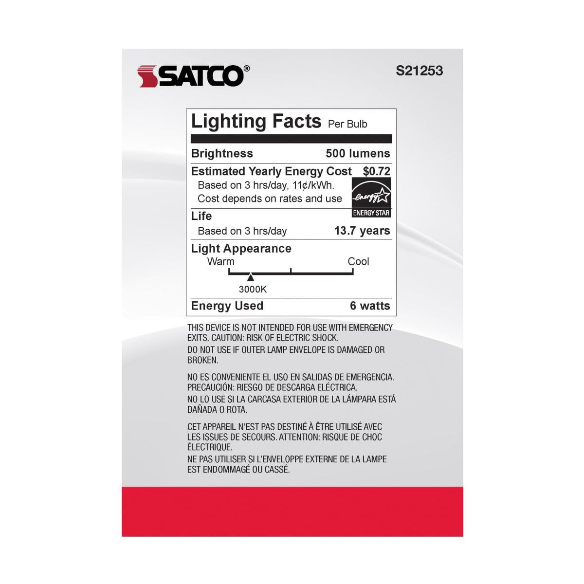 Satco S21253 G40 Globe LED Light Bulbs 6W 120V 3000K 90CRI E26 Medium Base Dimmable (6 Pack)