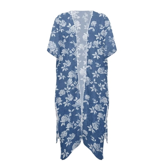 Xoenoiee Blue Rose Flower Print Women's Swimwear Cover Ups, Loose Kimono Coverups Half Sleeve Bikini Cover Up Casual Beach Cover Ups for Summer Beach