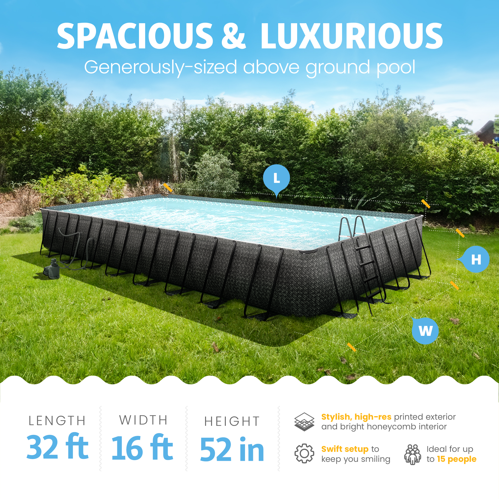 Funsicle 32' x 16' x 52" Oasis Designer Rectangular Above Ground Pool – Complete Set with Pump