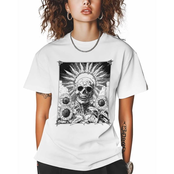 T Shirts for Women Short Sleeve Cotton Crewneck T-Shirt, Skull Sunflower Y2K Goth Alt Line Art Tee Tops Casual Basic T-Shirts, XS-5XL White XS