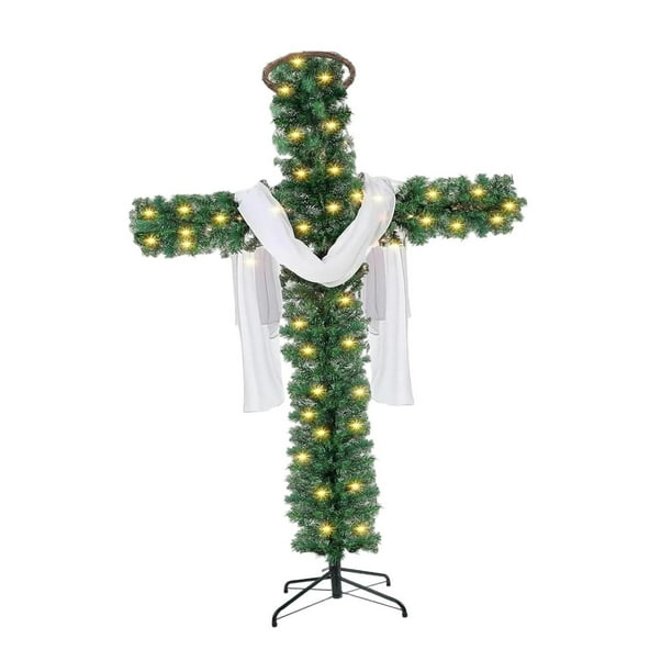 Árbol de Navidad con cruz artificial, soporte estable, cruz de pie, decoración con 15 millones