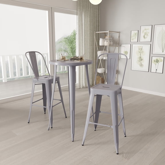 Merrick Lane 3 Piece Outdoor Dining Set with Bar Height Table and Stools in Silver