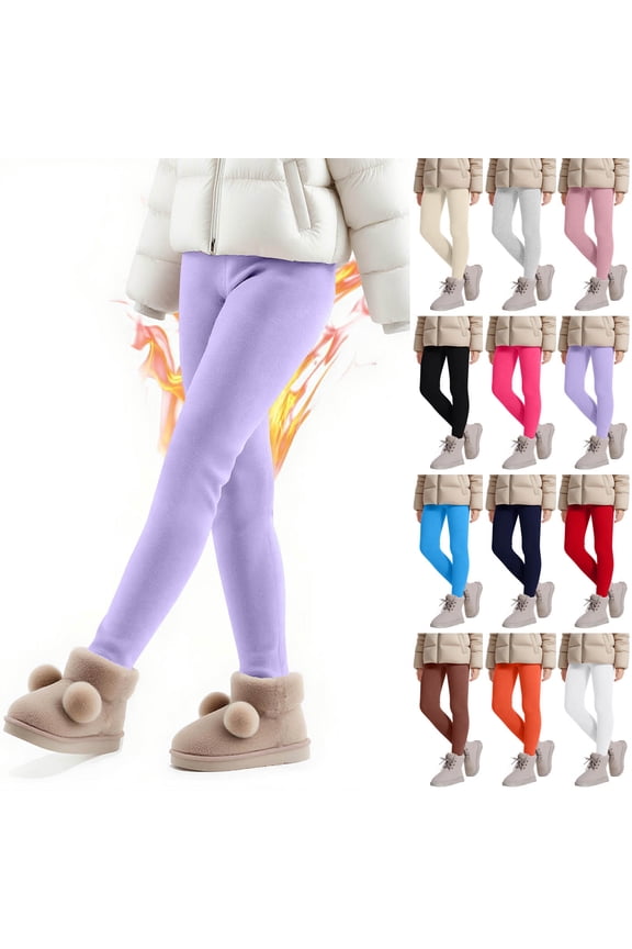 Fleece Lined Leggings Kids Winter Thick Thermal Tights for Girls Elastic Wasit Full Length Pants Purple (3-12 Years)
