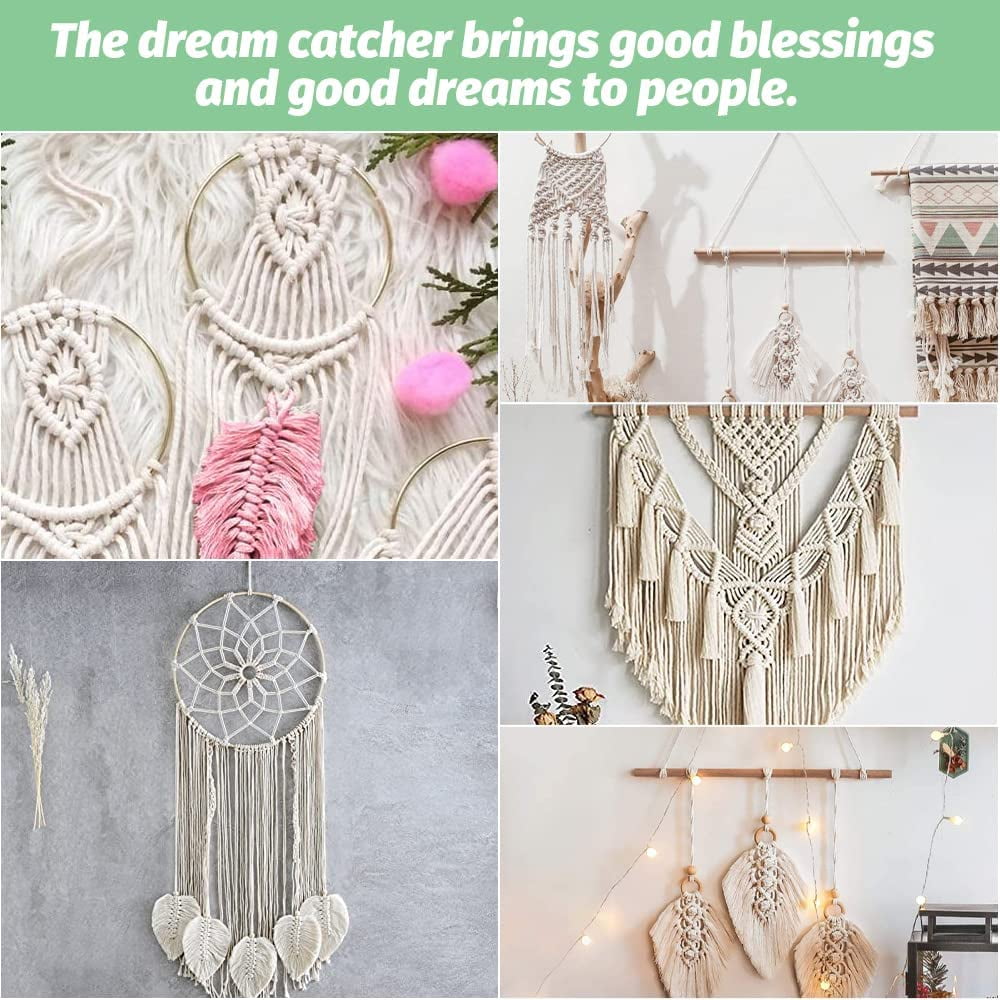 BUZIFU Natural Macrame Cord, 3MM*100M Cotton Cord Macrame Rope Macrame Kit with 100 Pcs Wood Beans, 4 Pcs Metal Rings, 4 Color Craft Cotton String Twine for Plant Hangers Knitting Macrame Craft DIY