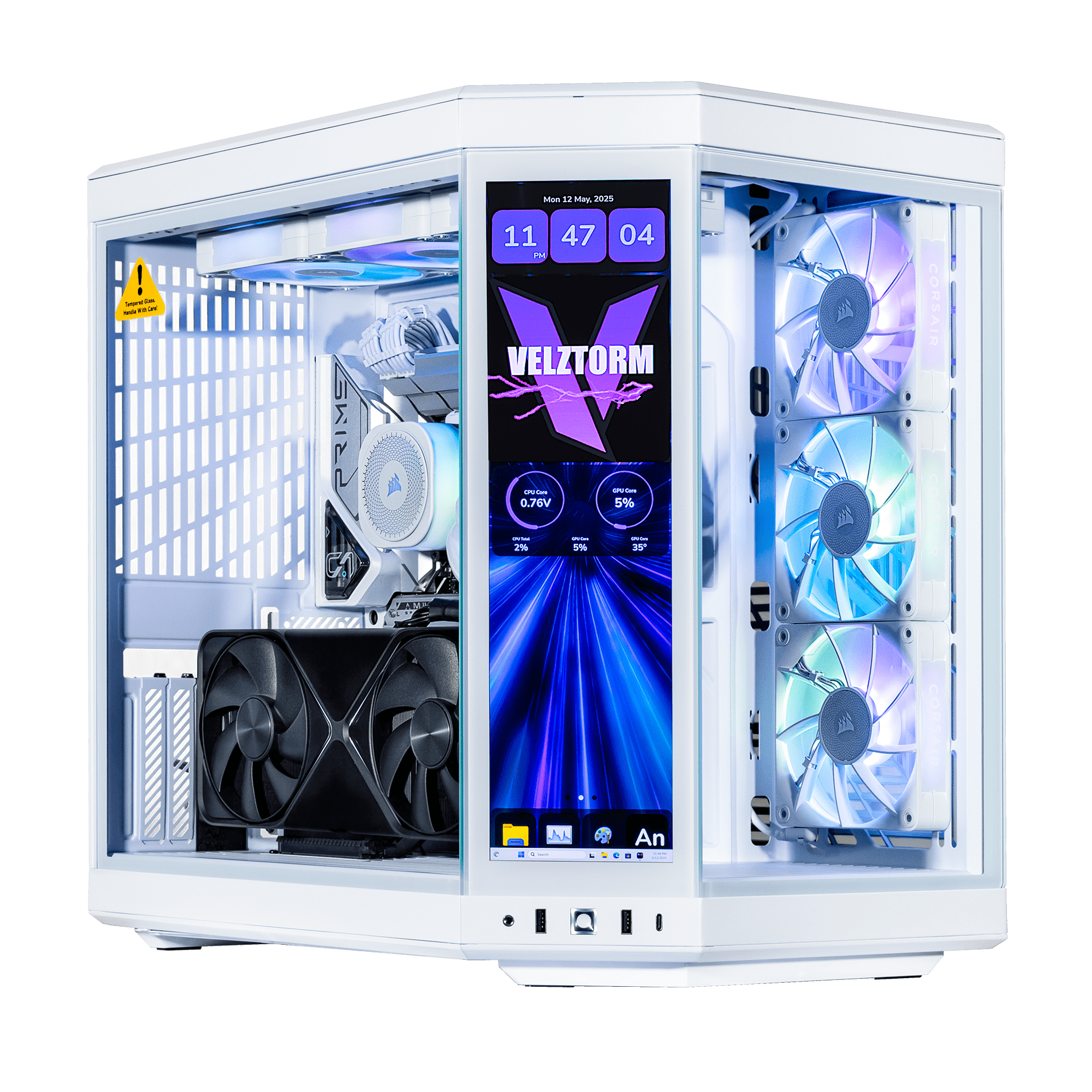 Velztorm LCD Praetix Custom Built Y70 Touch Gaming Desktop PC (Intel i9-14900K, RTX 5070 Ti, 32GB DDR5, 2TB PCIe SSD, RGB Fans, 360mm AIO, 1000W PSU, WiFi 6, BT 5.2, RJ-45, Win 11 Home)