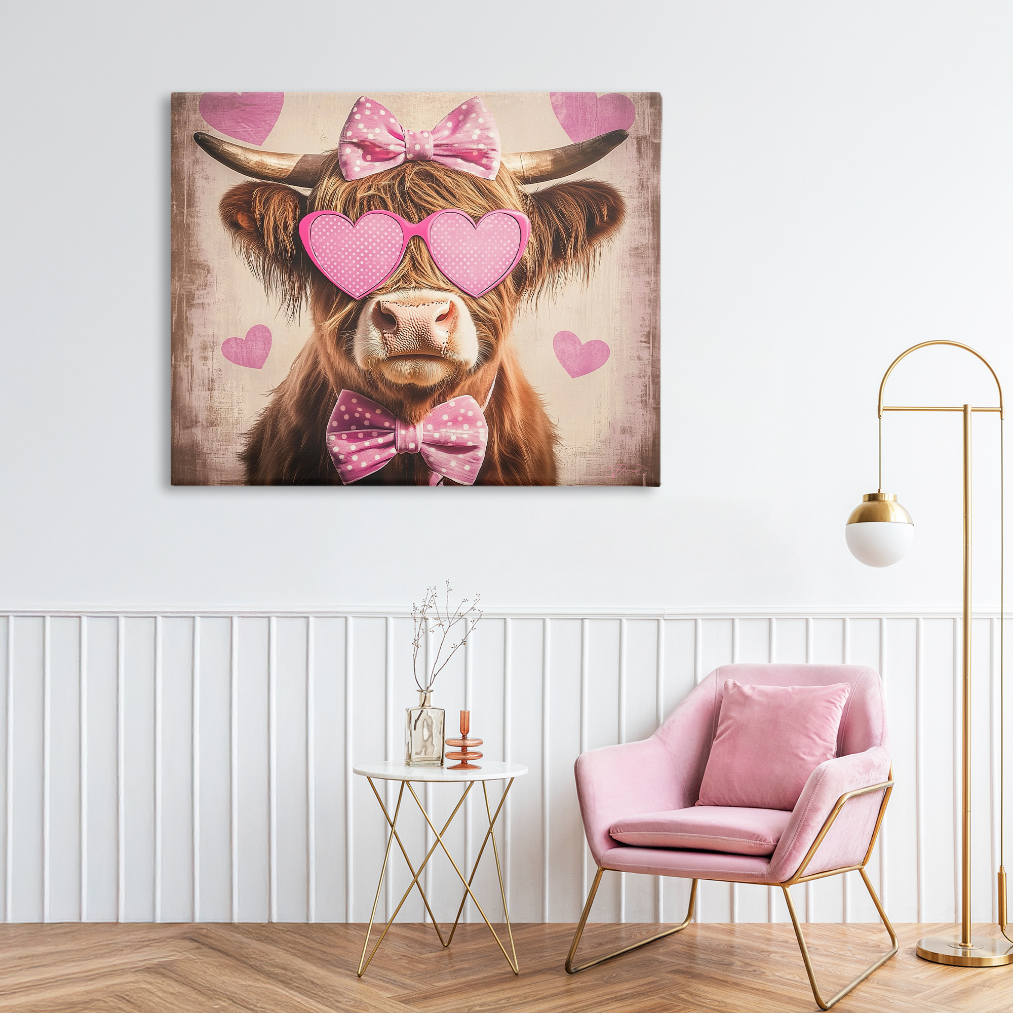 Cute Cattle Pink Hearts Canvas Wall Art, design by Shawna Stewart