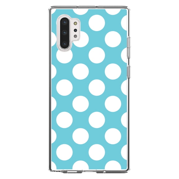 DistinctInk Clear Shockproof Hybrid Case for Galaxy Note 10 PLUS (6.8" Screen) - TPU Bumper, Acrylic Back, Tempered Glass Screen Protector - White & Blue Polka Dots