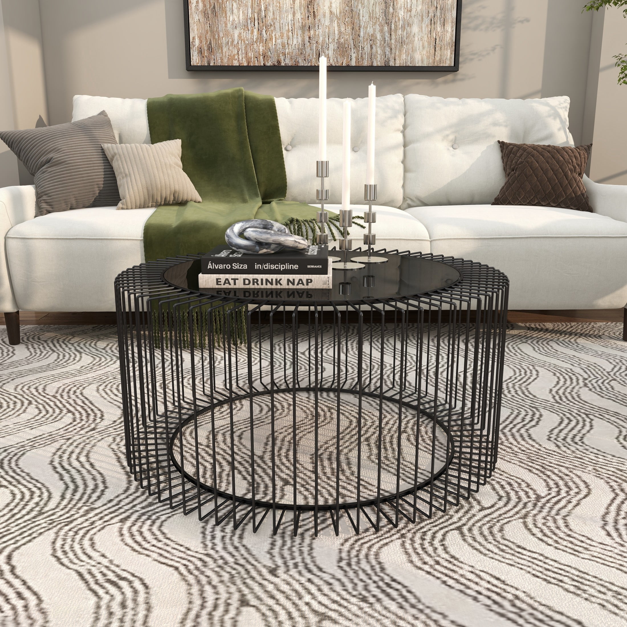 DecMode Contemporary Round Coffee Table, 32"W x 15"H Features Clear Glass Top and Black Open Metal Design