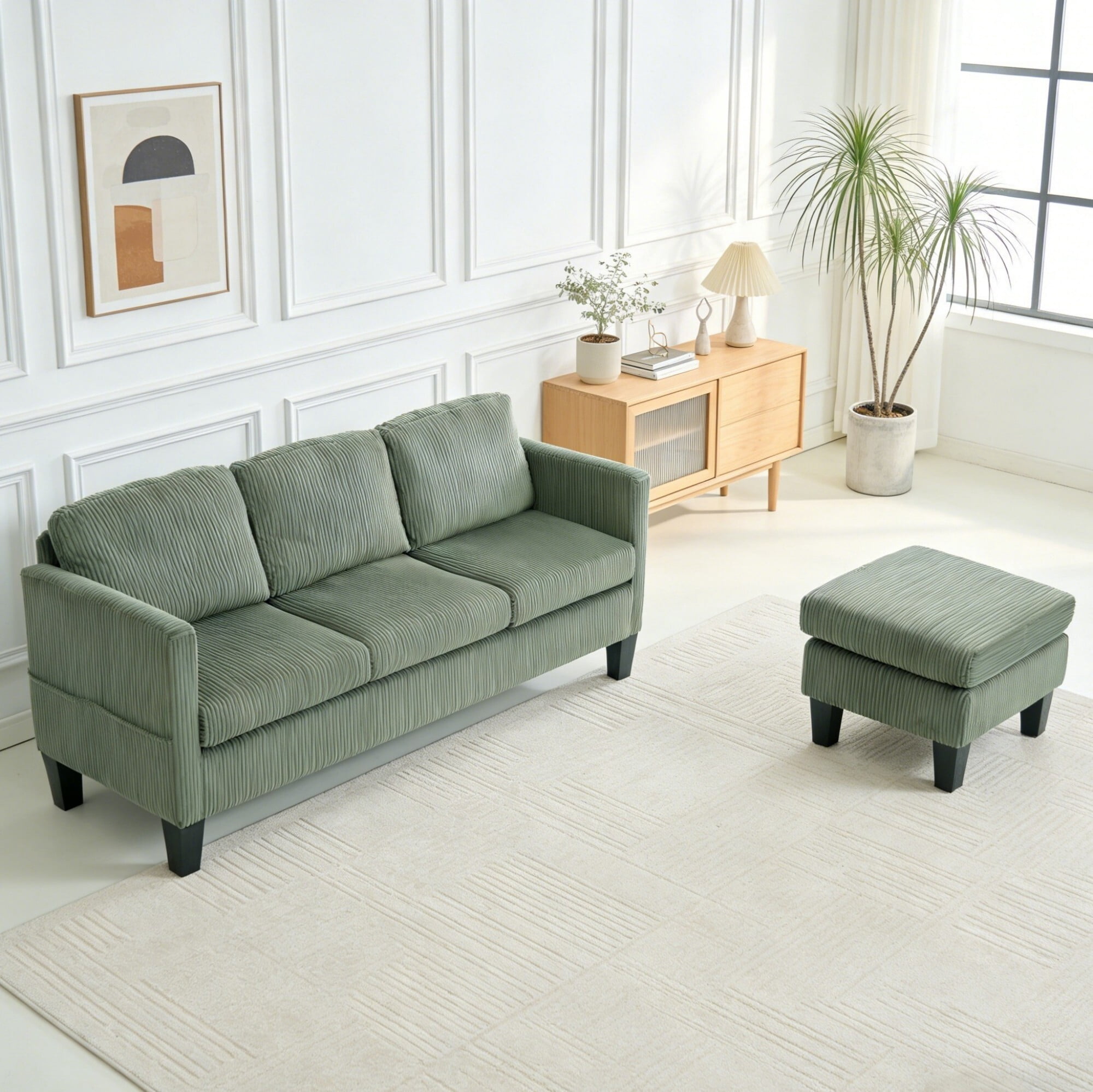 AENKYO 67" L-Shaped Corduroy Sectional Sofa with Storage Ottoman, Modern 3-Seat Couch w/ Side Pockets, Green