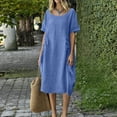thumbnail image 2 of Women's Cotton Linen Crew Neck Midi Dress Short Sleeve Loose Casual Long Dress with Drawstring Waist Side Pockets Blue XL(XL), 2 of 6