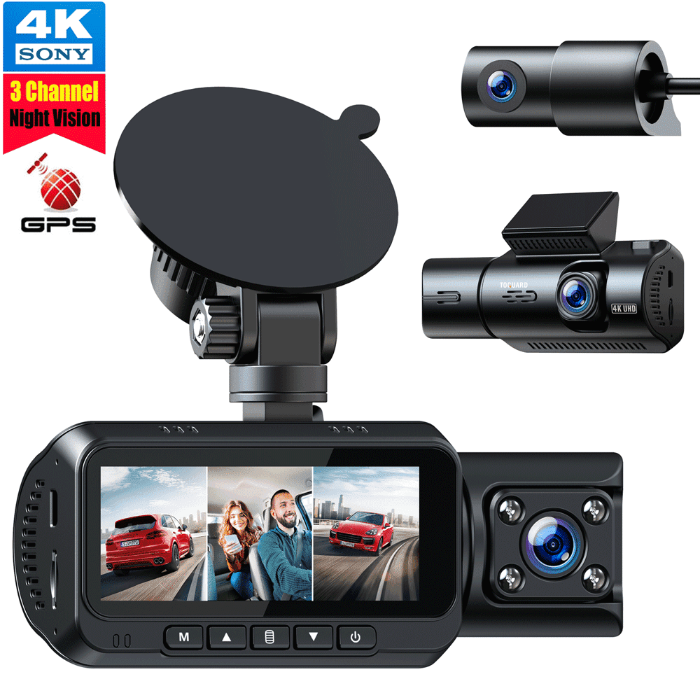 TOGUARD 3 Channel 4K Dash Cam with GPS WIFI, Front Inside and Rear