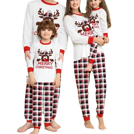 

Thaisu Christmas Family Pajamas Matching Set Long Sleeve Cartoon Elk Top Plaid Pants Sleepwear Loungewear