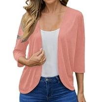 Womens Solid Coloe Cardigan Flowy Loose Outerwear 3/4 Sleeve Shrugs Summer Beach Lightweight Cardigan