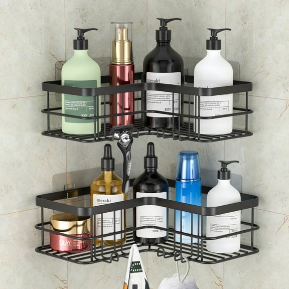 stusgo 2-Shelf Shower Caddy Corner, No Drill Rustproof Stainless Steel Bathroom Shower Organizer Wall Mounted with 8 Hooks,Black