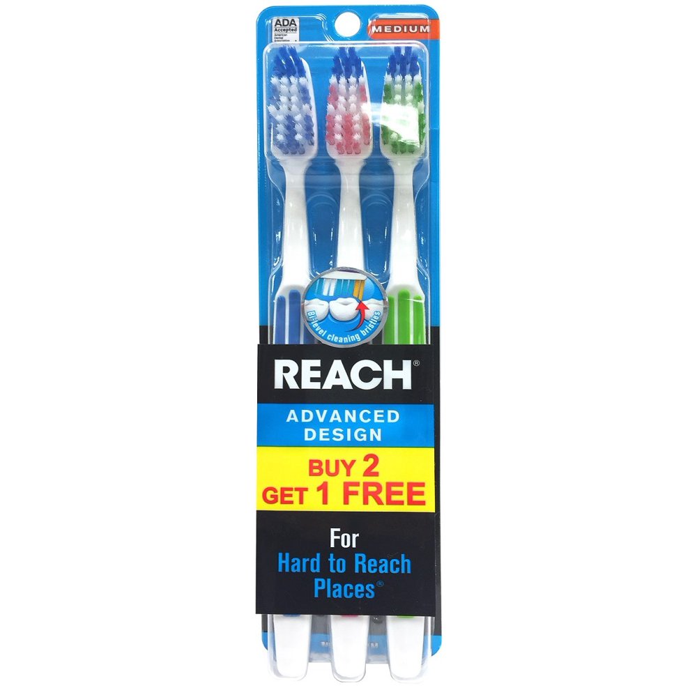 REACH Advanced Design Medium Bristle Toothbrush, 3 Pack