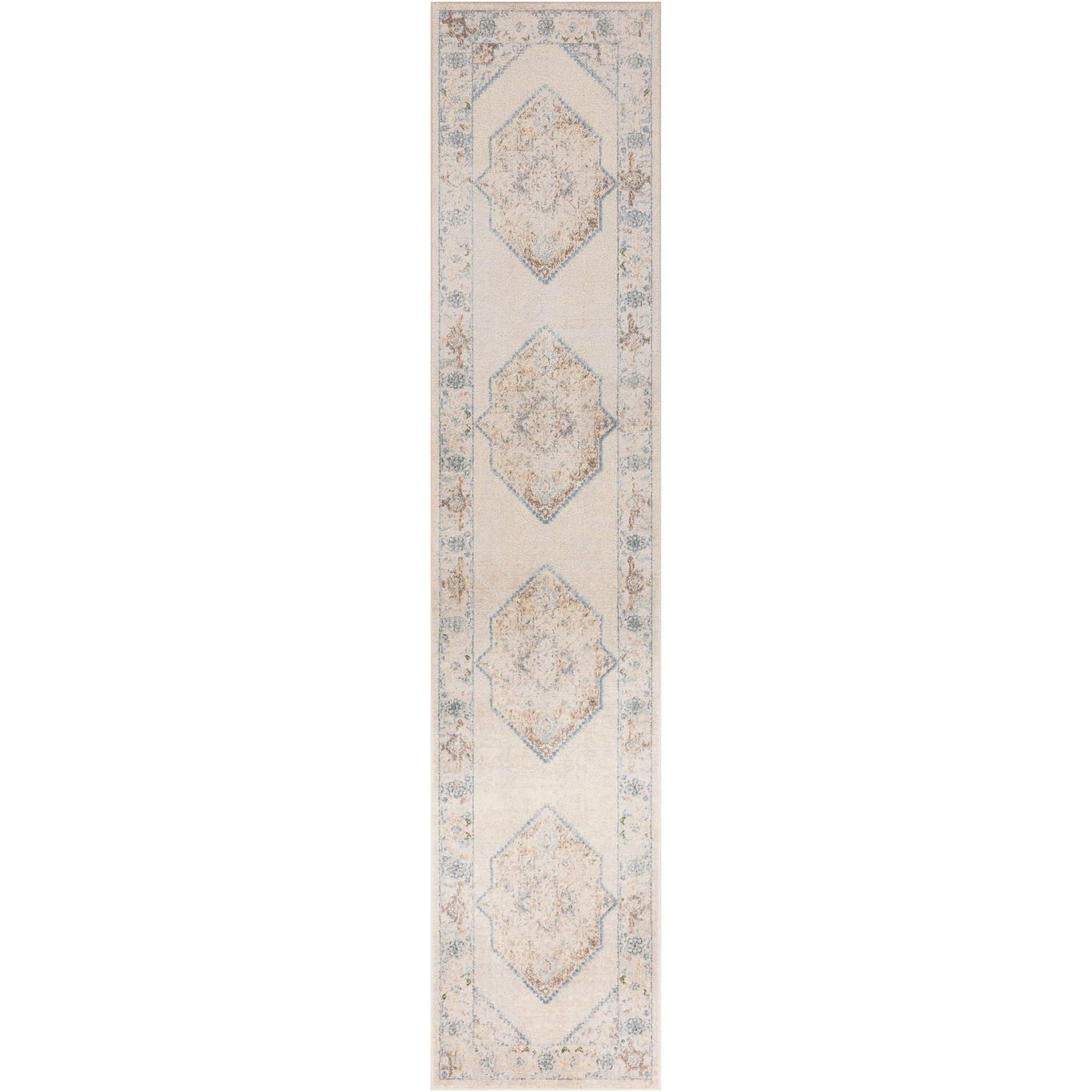 Nourison Astra Machine Washable 2'2" x 10' Ivory Blue Vintage Indoor Rug