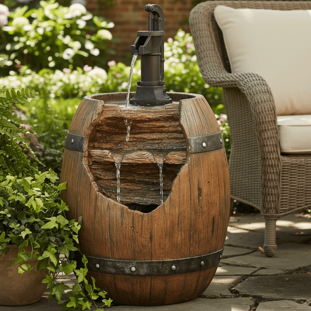 Teamson Home Vintage Barrel Water Pump Outdoor Waterfall Fountain