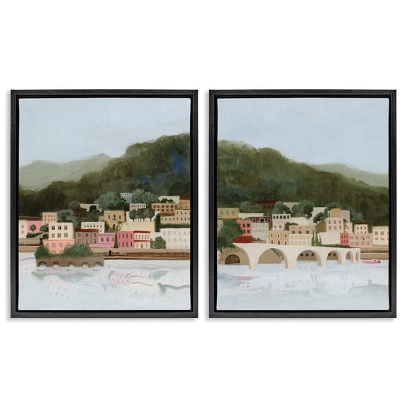 Stupell Industries Mountain Town by Sea 2 Piece Black Framed Floater Canvas Set, design by Grace Popp