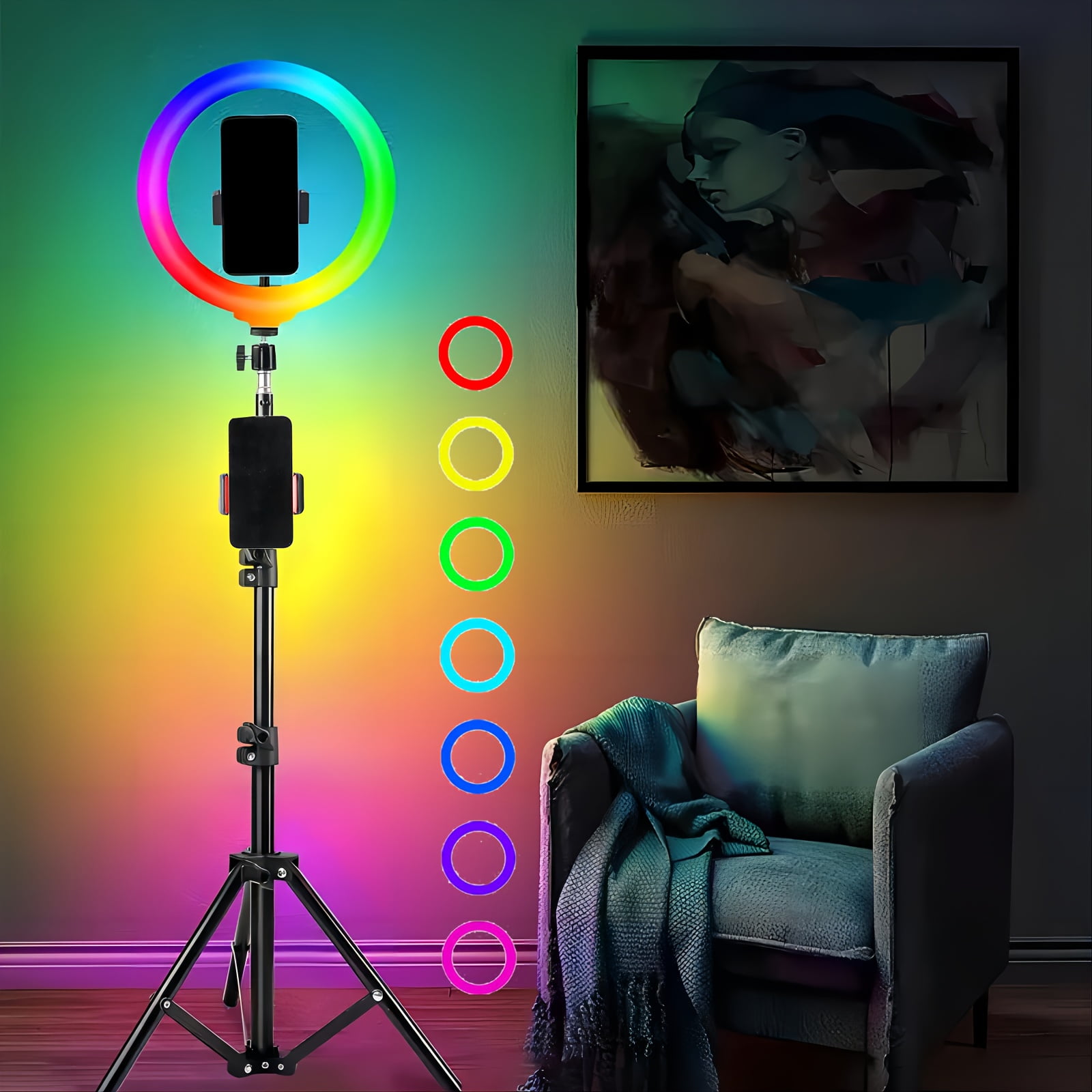 General LED Selfie Ring Light Kit with Dual Phone Stand - 3 Color Modes, 12 Brightness Levels, USB Powered - Ideal for Makeup, Photography & Video, Selfie Stick for Phone