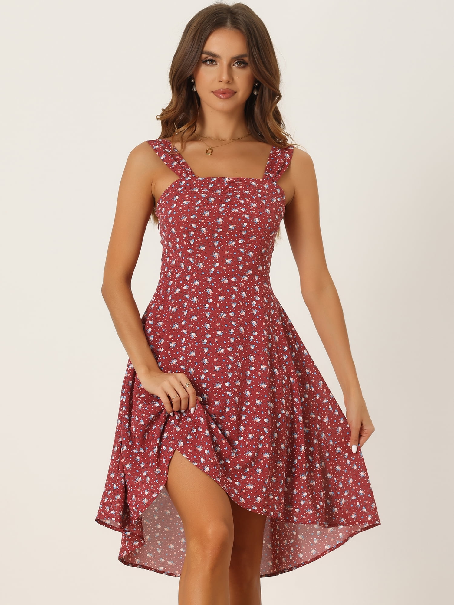 Unique Bargains Women's Square Neck Sleeveless Floral Smocked Summer Boho Dress XL Red