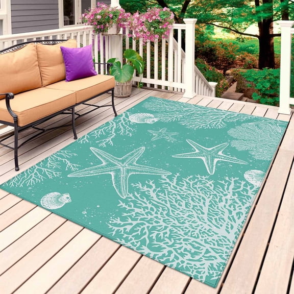 Teal Coastal Outdoor Rug 4x6 Ft, Non Slip Washable Area Rug, Starfish Coral Summer Beach Ocean Patio Rugs Carpet Runner, Large Floor Mat for Indoor/Outdoor Deck Porch Camping