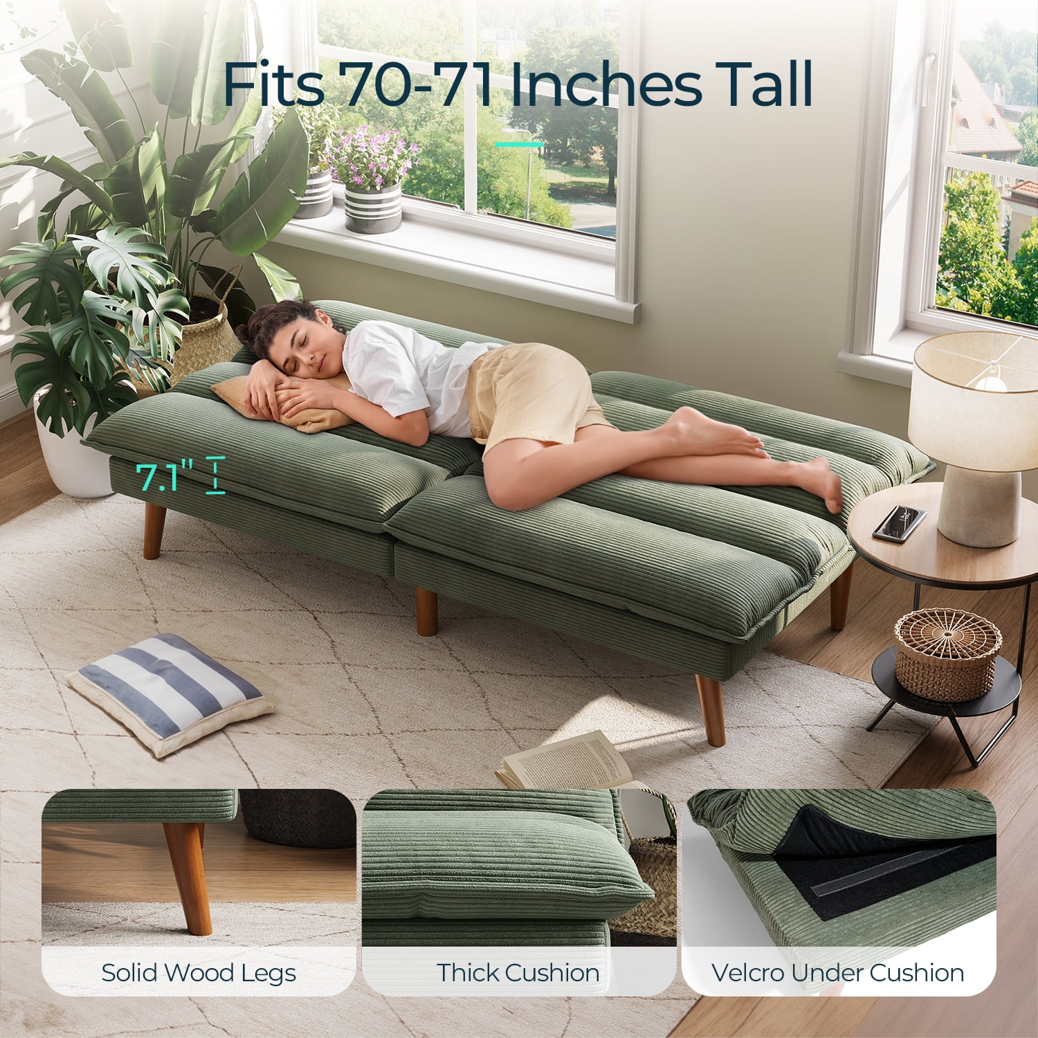 Linsy Home Futon Sofa Bed, Solid Wood  Legs Sofa Bed for Living Room, Green