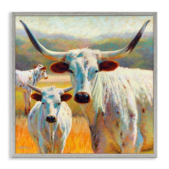 Stupell Industries Farmhouse White Longhorn Cattle Farmland Gray Framed Giclee Art, 17 x 17, by Rita Kirkman