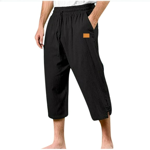 Xzbqbs Mens Cotton Linen Harem Capri Pants Casual Light Loose Breathable 3/4 Pants Drawstring Elastic Waist Summer Beach Yoga Pants