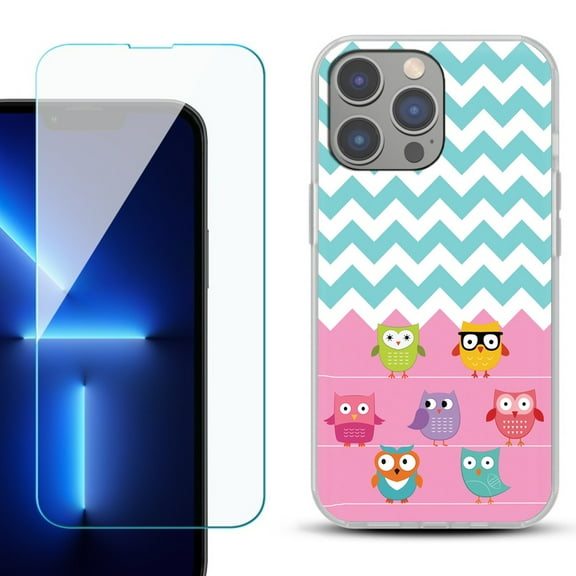 Slim-Fit Gel TPU Phone Case for iPhone 14 Pro Max, with Tempered Glass Screen Protector, by OneToughShield ® - Chevron/Teal/Owl