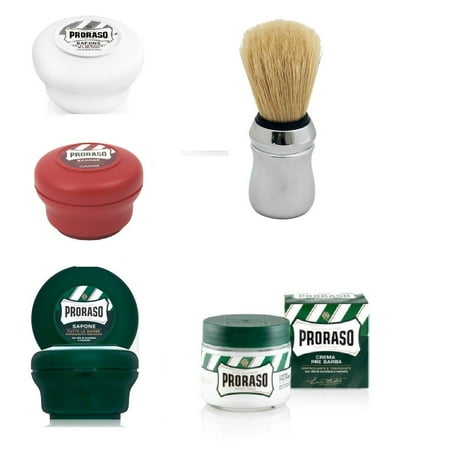 Proraso Shave Soap Sensitive 150ml + Proraso Shave Soap Sandalwood 150ml + Proraso Shaving Soap Menthol and Eucalyptus 4oz + Proraso Shaving Brush + Proraso Pre Shave w/ Menthol & Eucalyptus 100ml