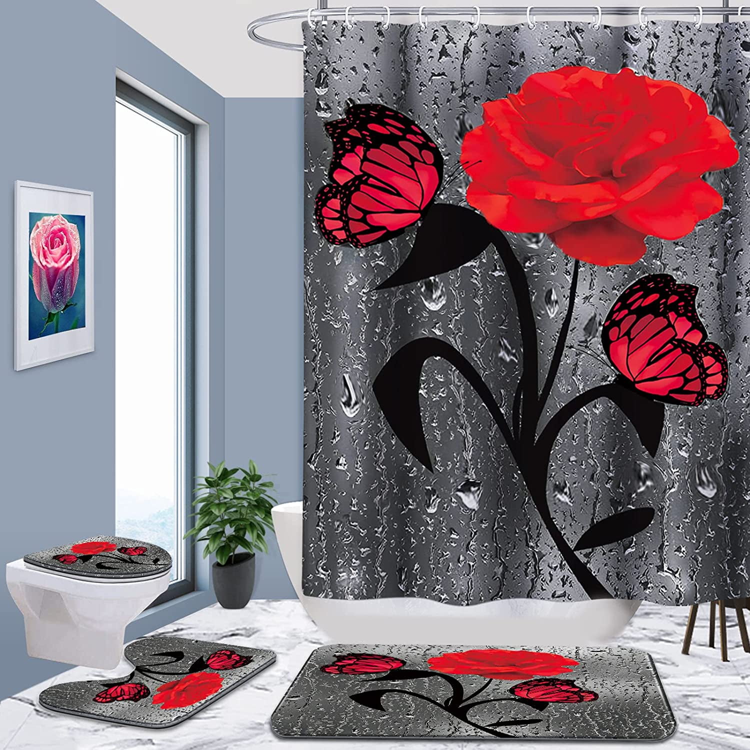 4 Pcs Bathroom Shower Curtain Set,Red Rose Shower Curtain Valentine's