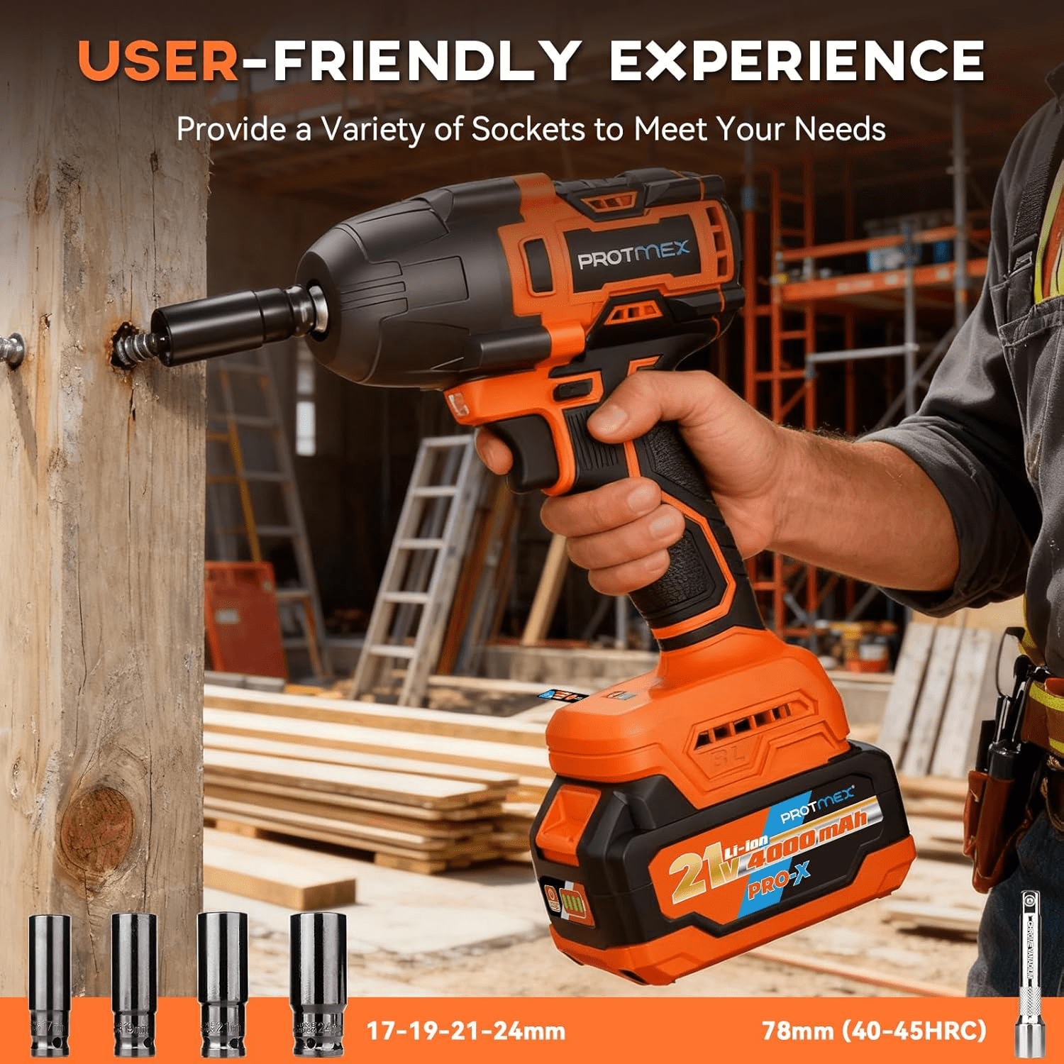 Protmex Cordless 900Ft-lbs Impact Wrench, 4000mAh Battery, 3500 RPM