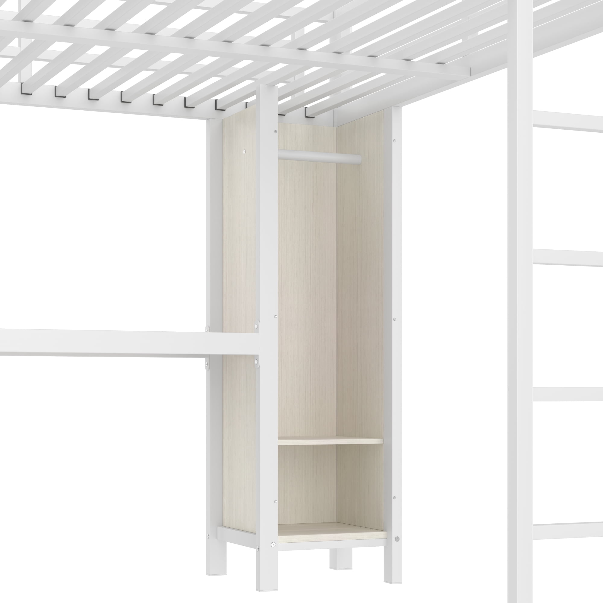 Queen Size Loft Bed with Wardrobe And L-shaped Desk, Metal Loft Bed with Storage Cubes and Shelves, Heavy Duty Loft Bed for Kids Teens Adults, White