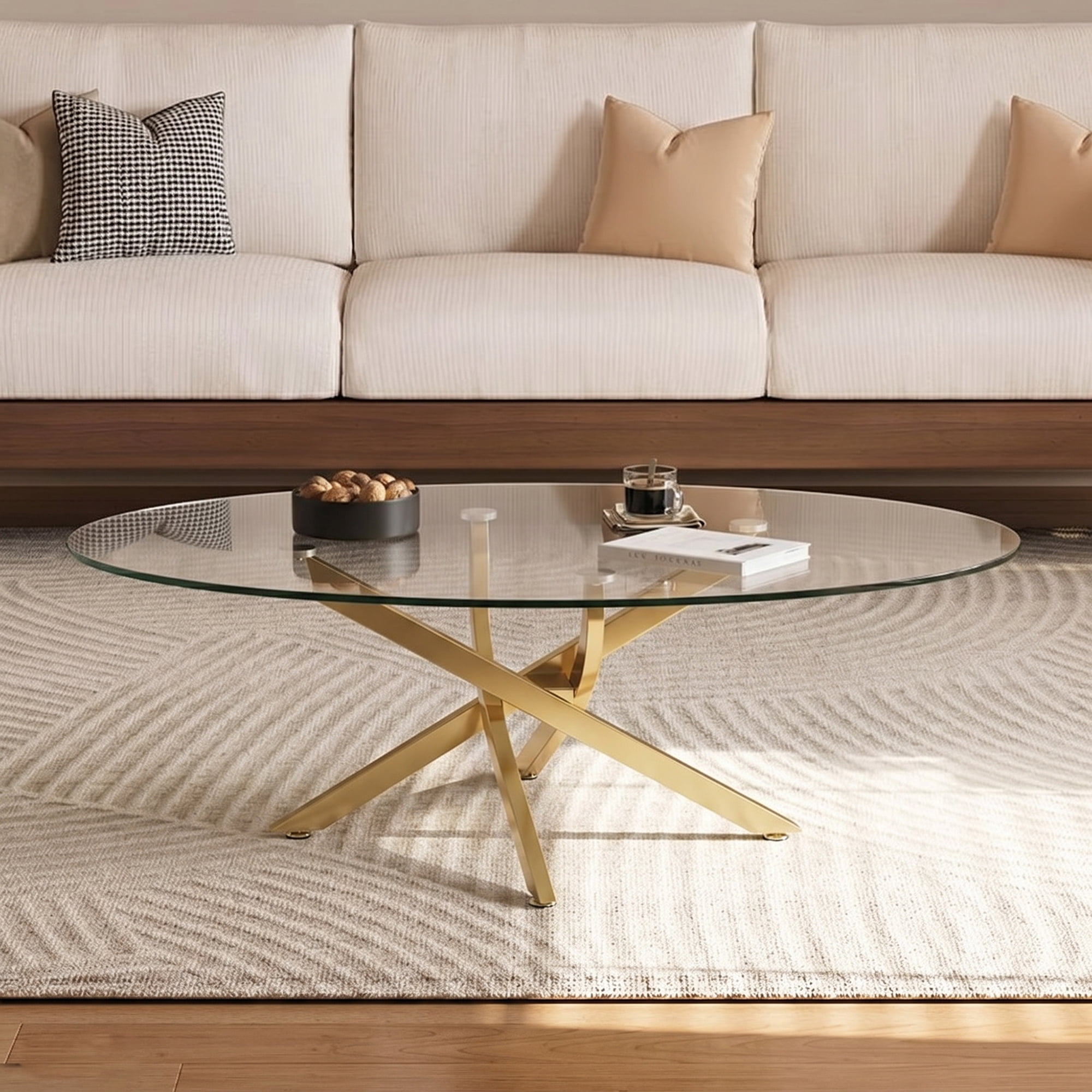 Oval Coffee Table with Tempered Glass Top and Gold Metal Legs, Modern Side Table and Tea Table for Living Room, 39.37 Inch, Gold