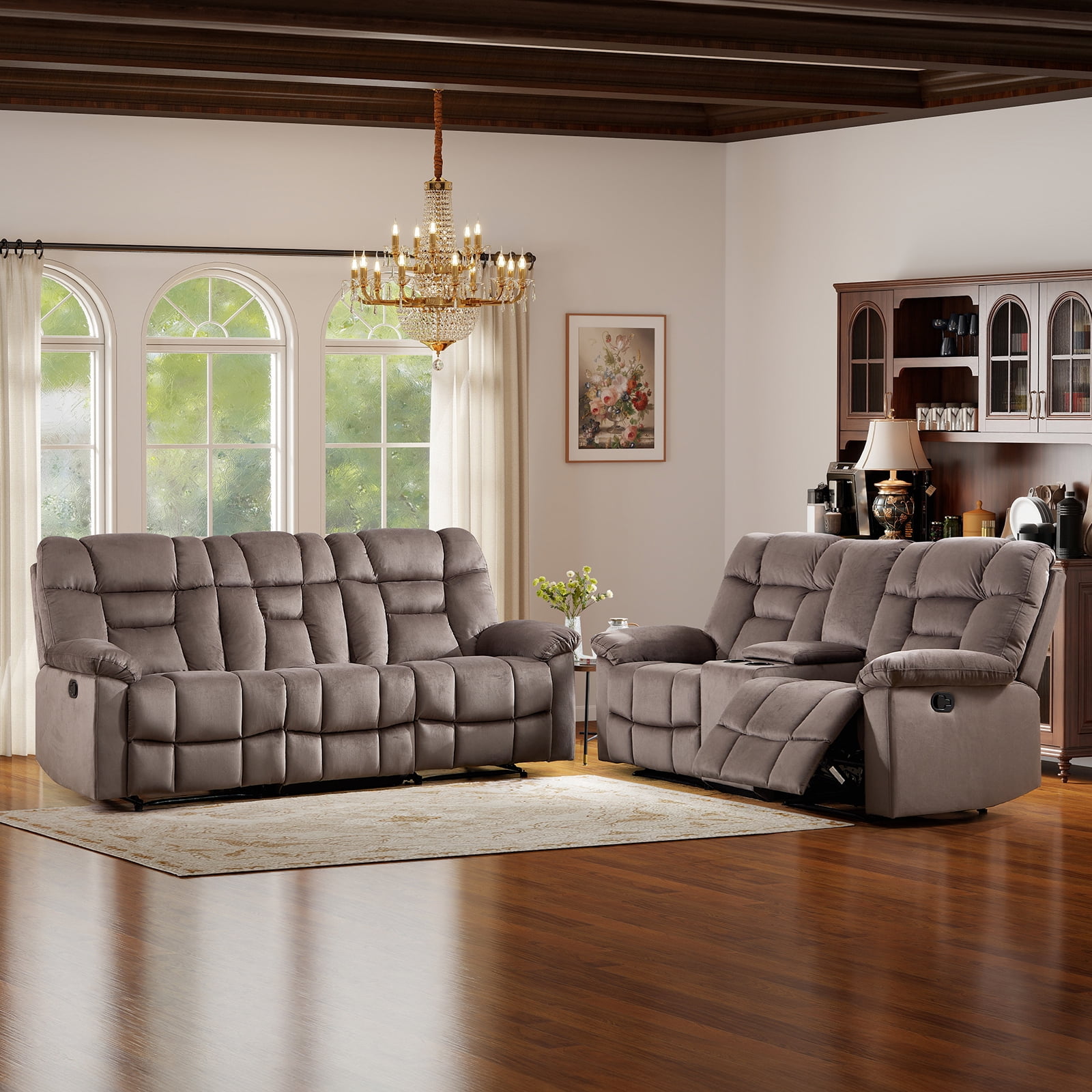 Bonzy Home Recliner Sofa Set — Reclining Loveseat & 3-Seat Sofa with Center Storage, Cup Holders & Wide Backrests, Brown