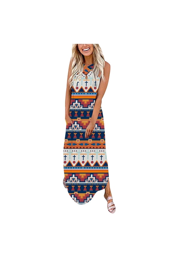 Women's V-Neck Sundress Casual Sleeveless Printing Loose Vest Maxi Dress Long Dress Pocket Full-Length Dress
