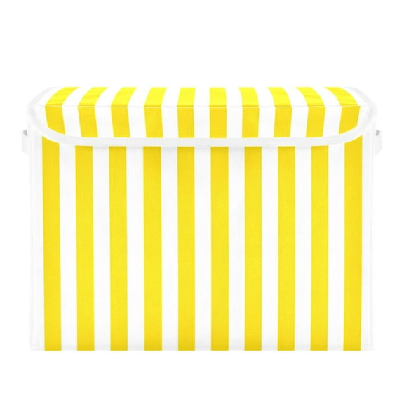 Yellow-white Narrow Stripes Foldable Storage Bin with Lid and Handle Collapsible Storage Box 16.5 x 12.6 x 11.8 inches