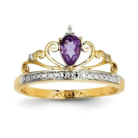 14k Yellow Gold & Rhodium Diamond & Pear Amethyst Gemstone Ring 0.33ct
